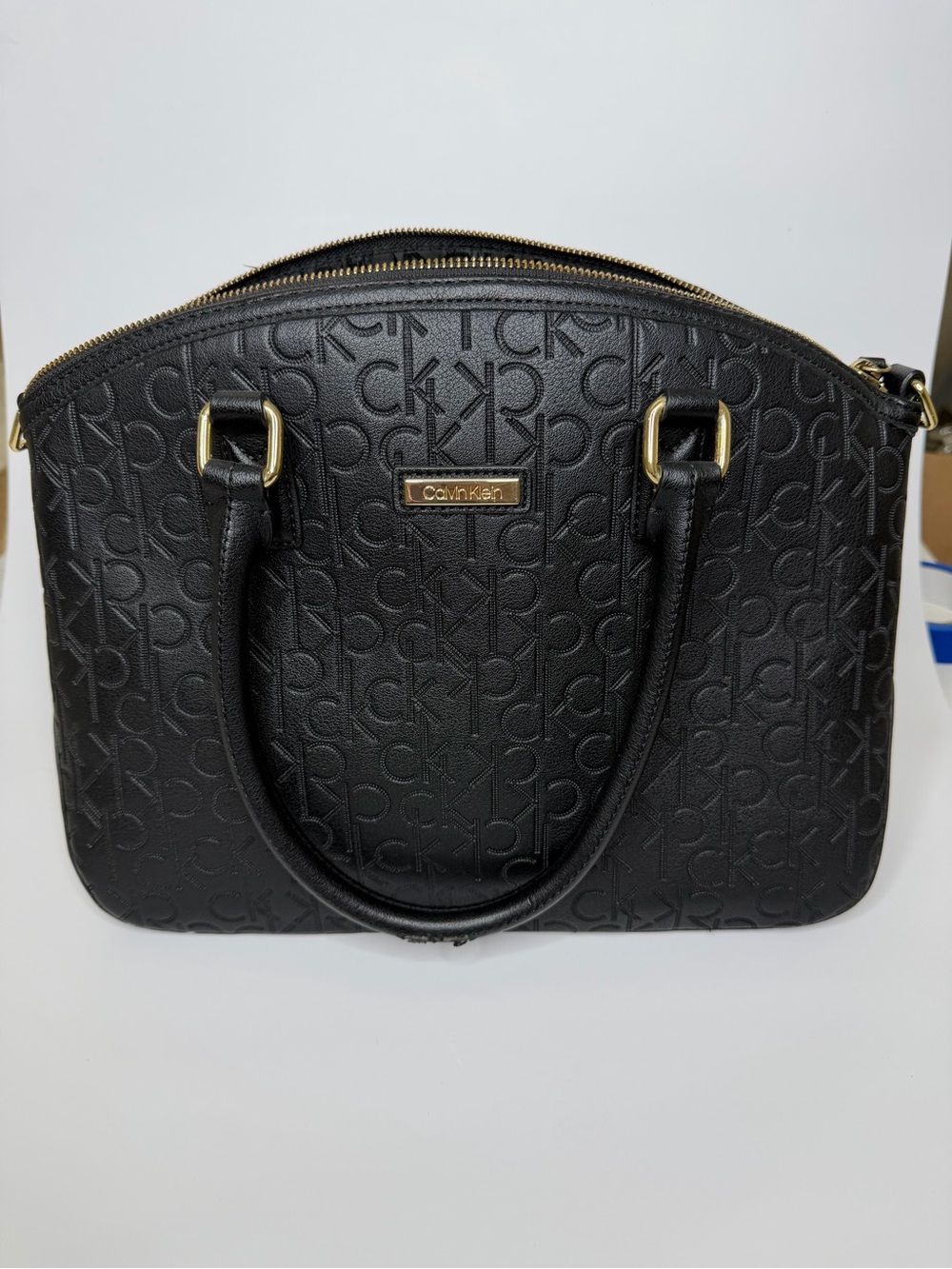 Calvin Klein Black Embossed Logo Dome Satchel with Gold Hardware